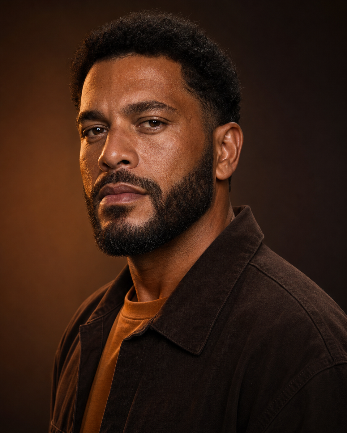 Barba esculpida aplicada em retrato profissional, exemplo de estilo de barba