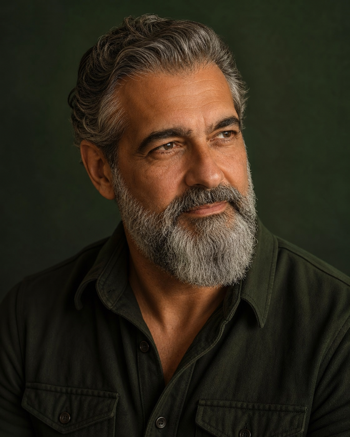 Grisalha cheia aplicada em retrato profissional, exemplo de estilo de barba