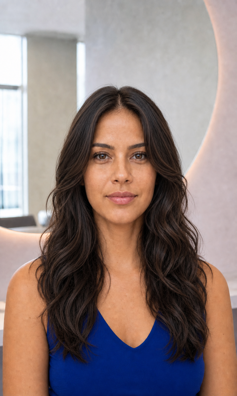 A mesma mulher brasileira com cabelo longo em camadas e ondas naturais
