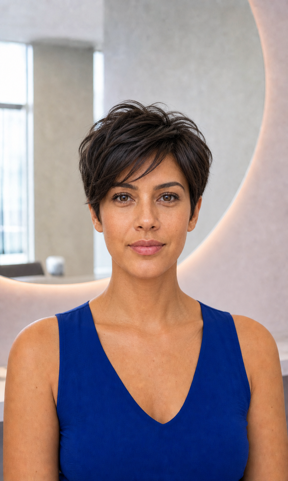 A mesma mulher brasileira com corte pixie texturizado