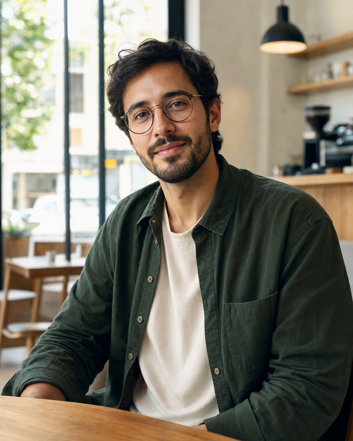 Foto casual profissional masculina em café contemporâneo