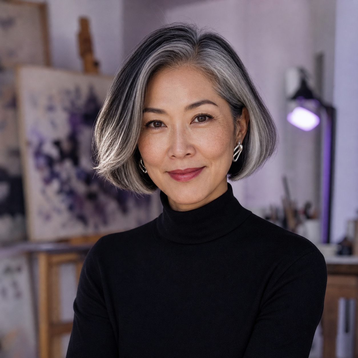 Retrato quadrado de diretora de arte em estúdio contemporâneo com luz violeta