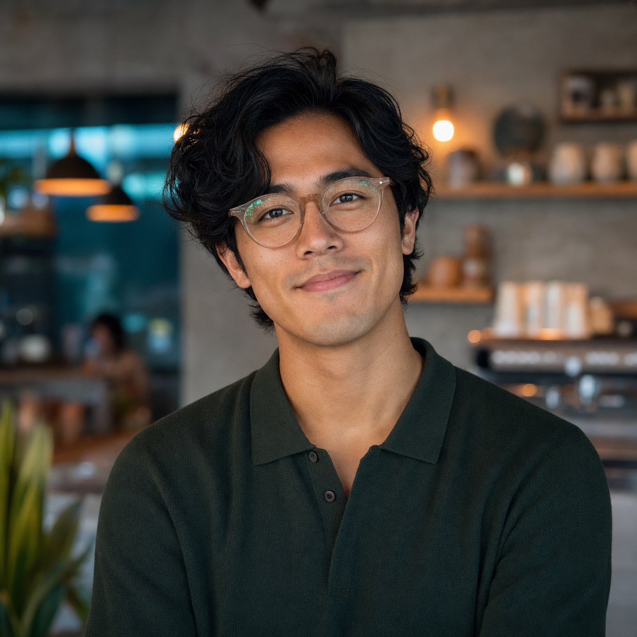 Retrato quadrado de designer com óculos em café contemporâneo
