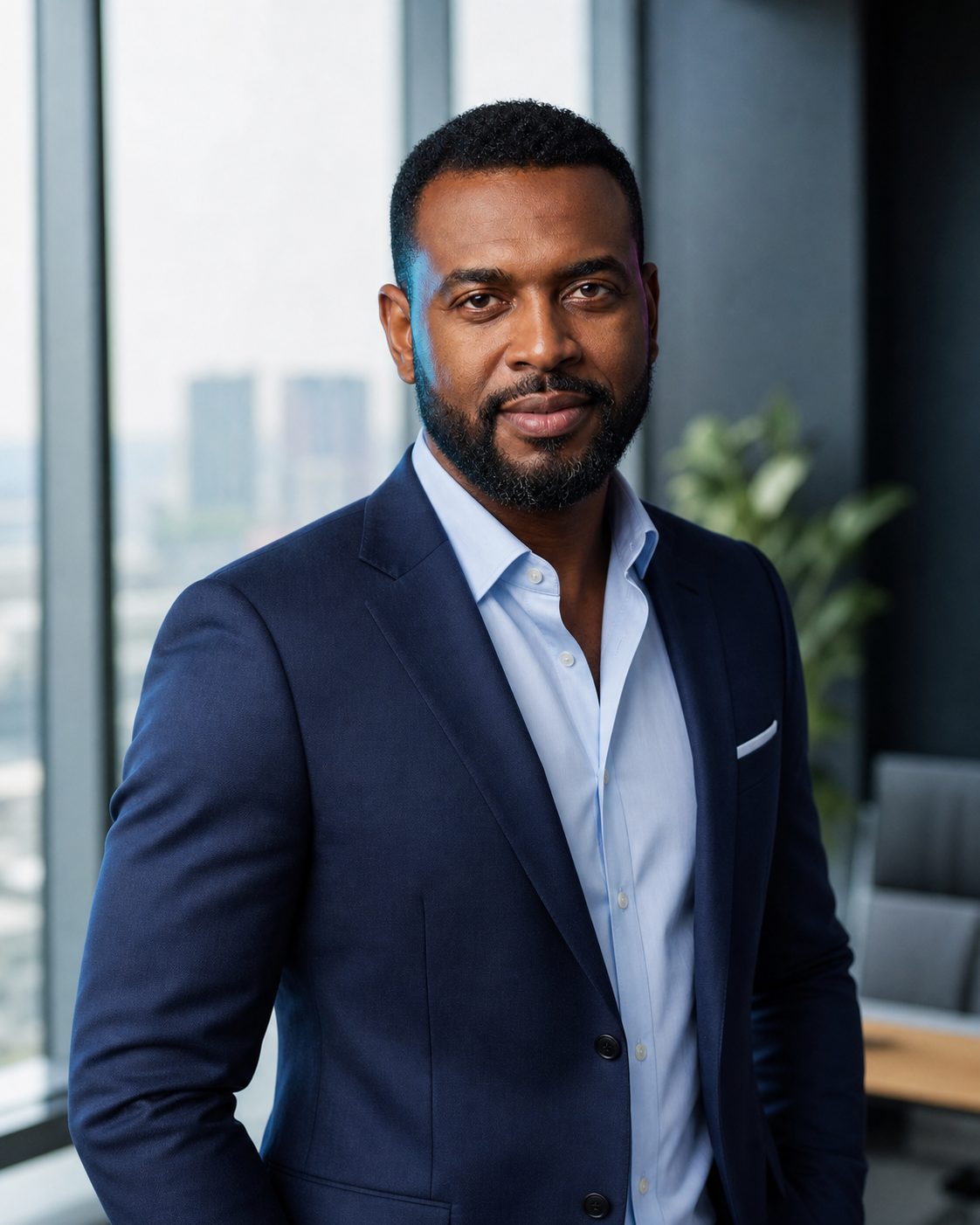 O mesmo homem negro em um retrato corporativo para LinkedIn