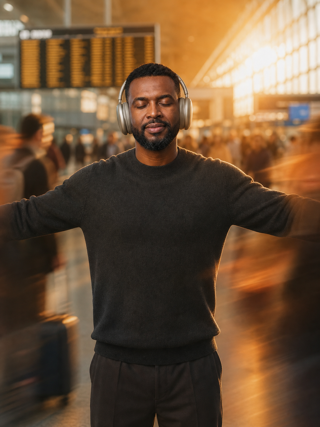 O mesmo homem negro usando fones em uma cena lifestyle com movimento