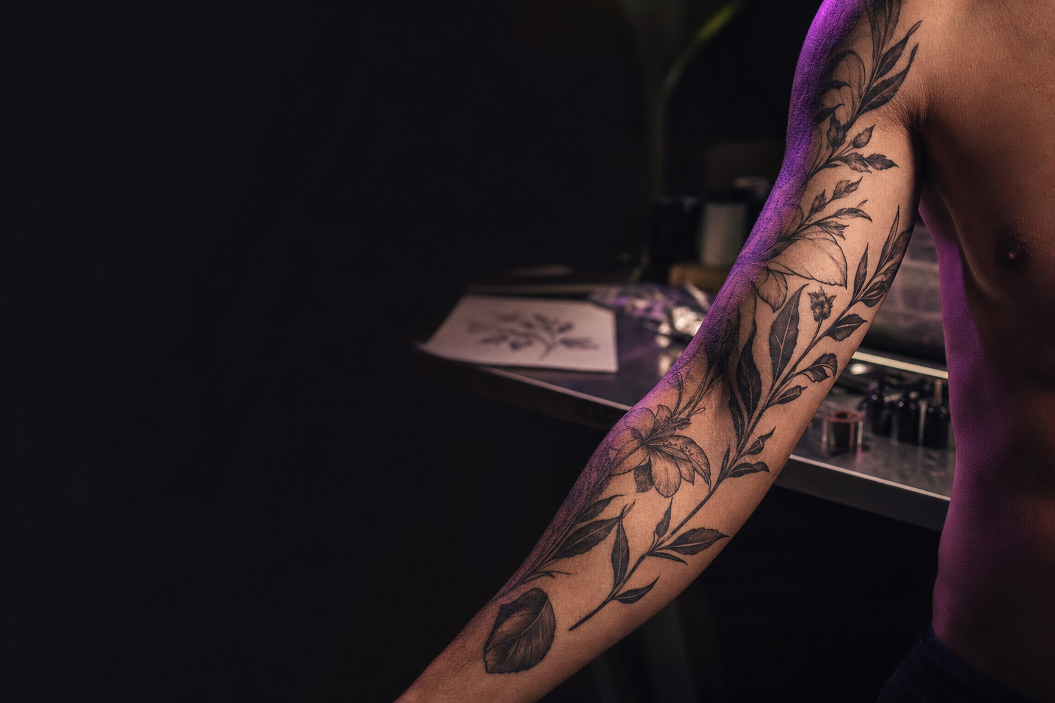 Tatuagem botânica blackwork aplicada realisticamente em um braço