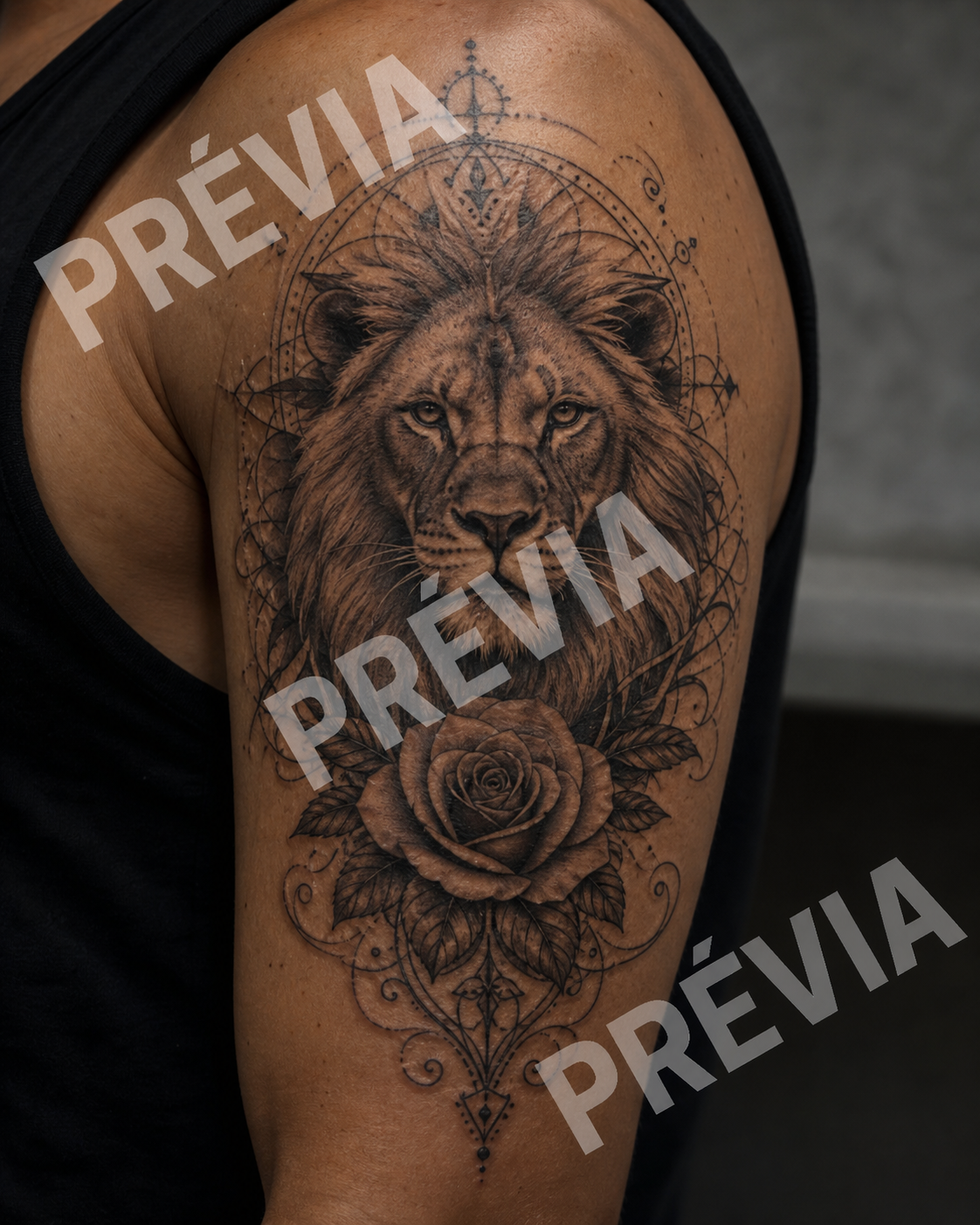 Tatuagem genérica com aparência artificial e a palavra Prévia incorporada três vezes à imagem