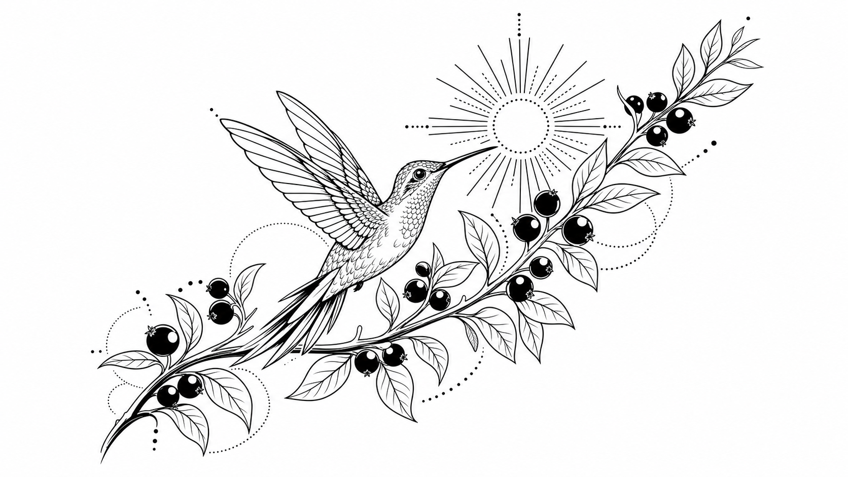 Stencil preto e branco do mesmo desenho de beija-flor e jabuticaba, pronto para o tatuador
